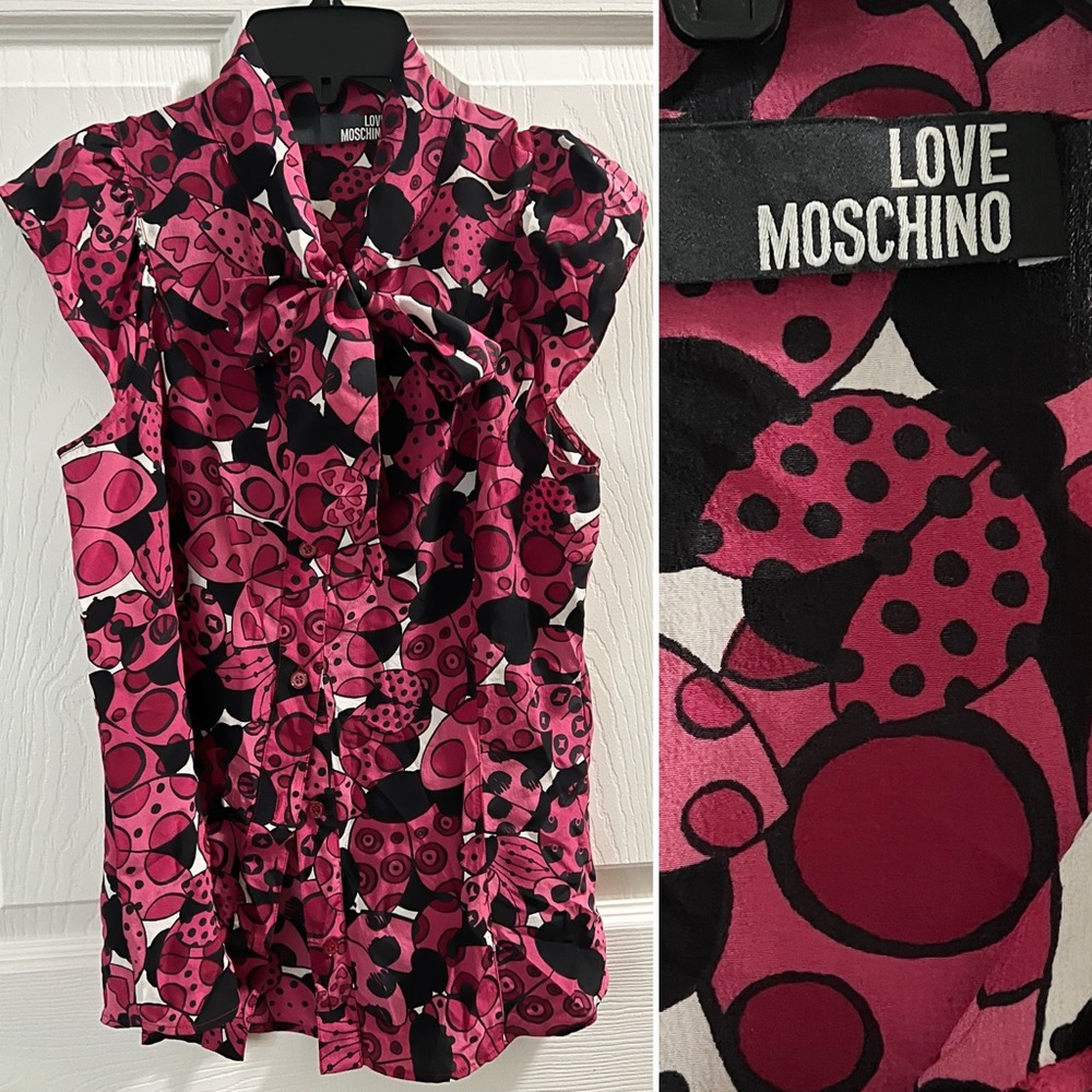 Love Moschino Ladybug Blouse Top Silk Ribbon Tie 4 Pink Black Cap sleeve $398